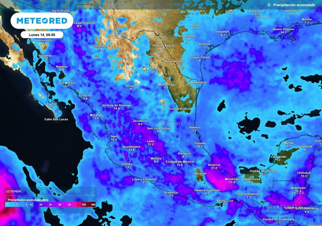 Estados de la Sierra Madre Occidental, occidente, centro, sur y parte del Golfo de México recibirán lluvias fuertes benéficas de 20-50 mm o mayores; posibles granizadas.