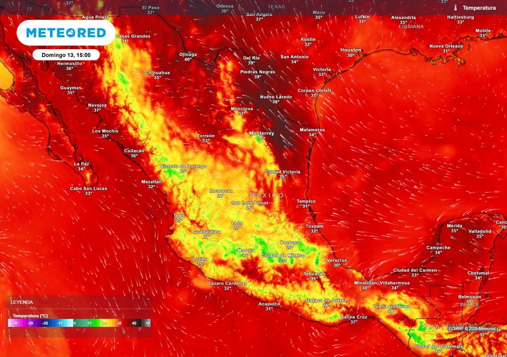 El intenso calor con máximas de 35-45 °C se mantendrá en el norte, sureste y estados costeros, superando los 45 °C el bochorno. El Altiplano y zonas con lluvias se refrescarán.