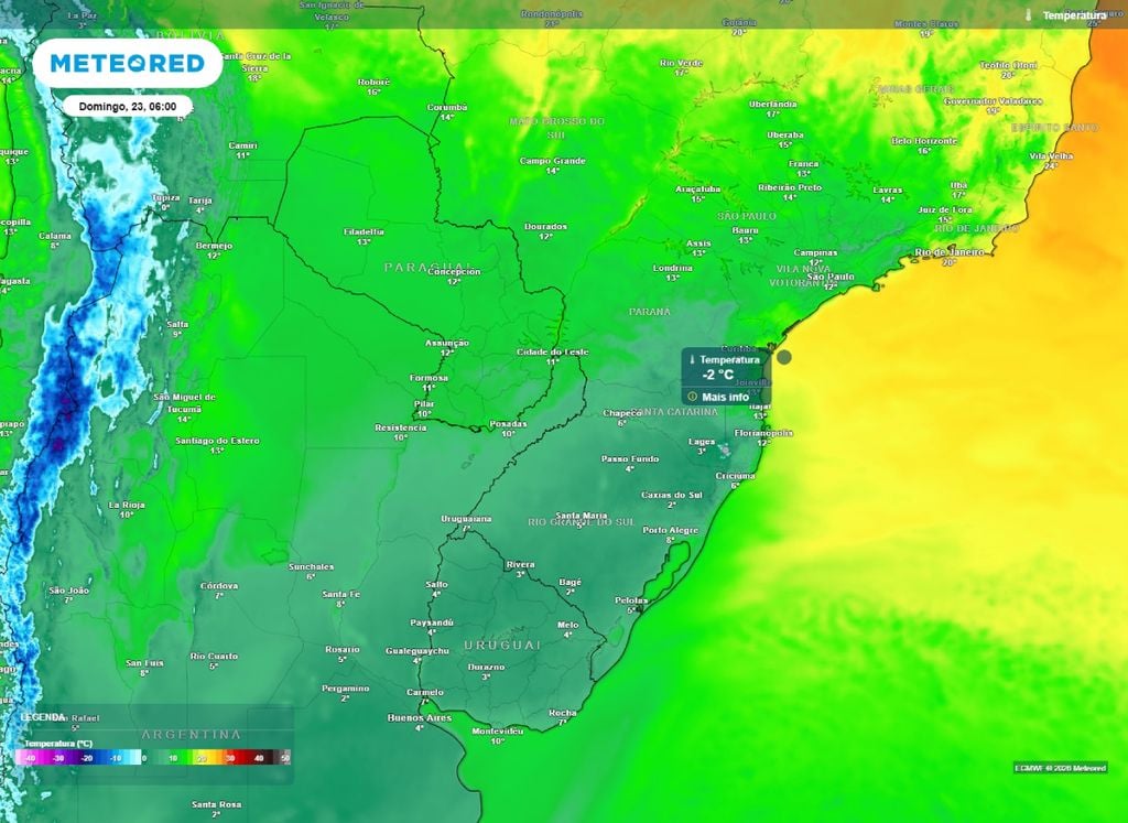 Temepratura. Mínima prevista para o amanhecer de domingo (23). Há previsão de temperaturas negativas na Serra Catarinense.