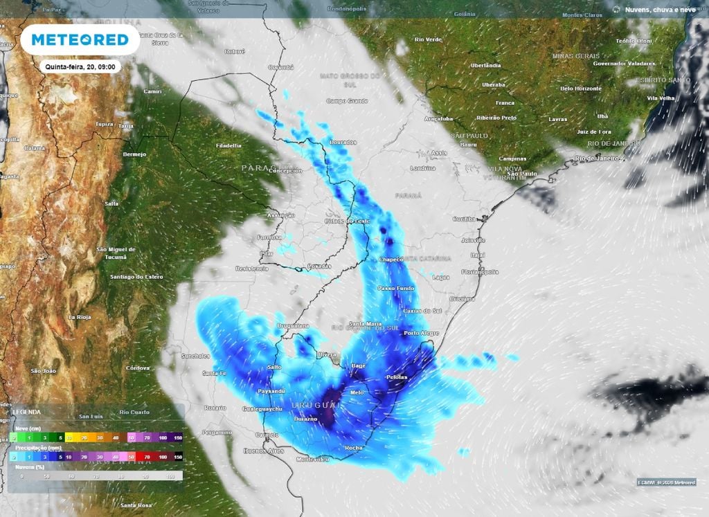 Precipitação. O modelo mostra que há riscos de temporais sobre o RS, SC e PR, nesta quinta-feira (20).