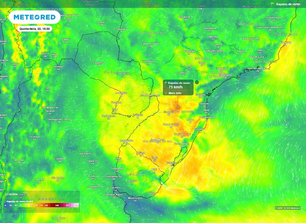 Rajadas de vento. Ventos ganham intensidade e rajadas podem chgar aos 80 km/h sobre diversos pontos da Região Sul.