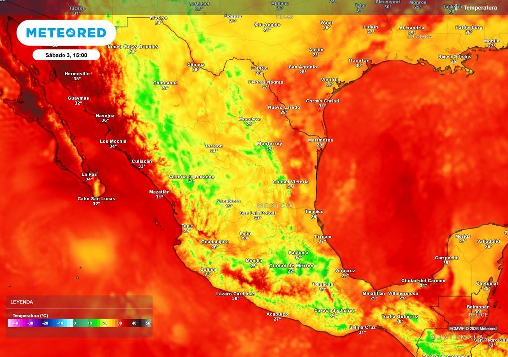 Seguirá refrescándose de norte a centro con 15-25 °C, así como parte del sur-sureste con 25-35 °C; el noroeste será lo más caluroso superando 35 °C.