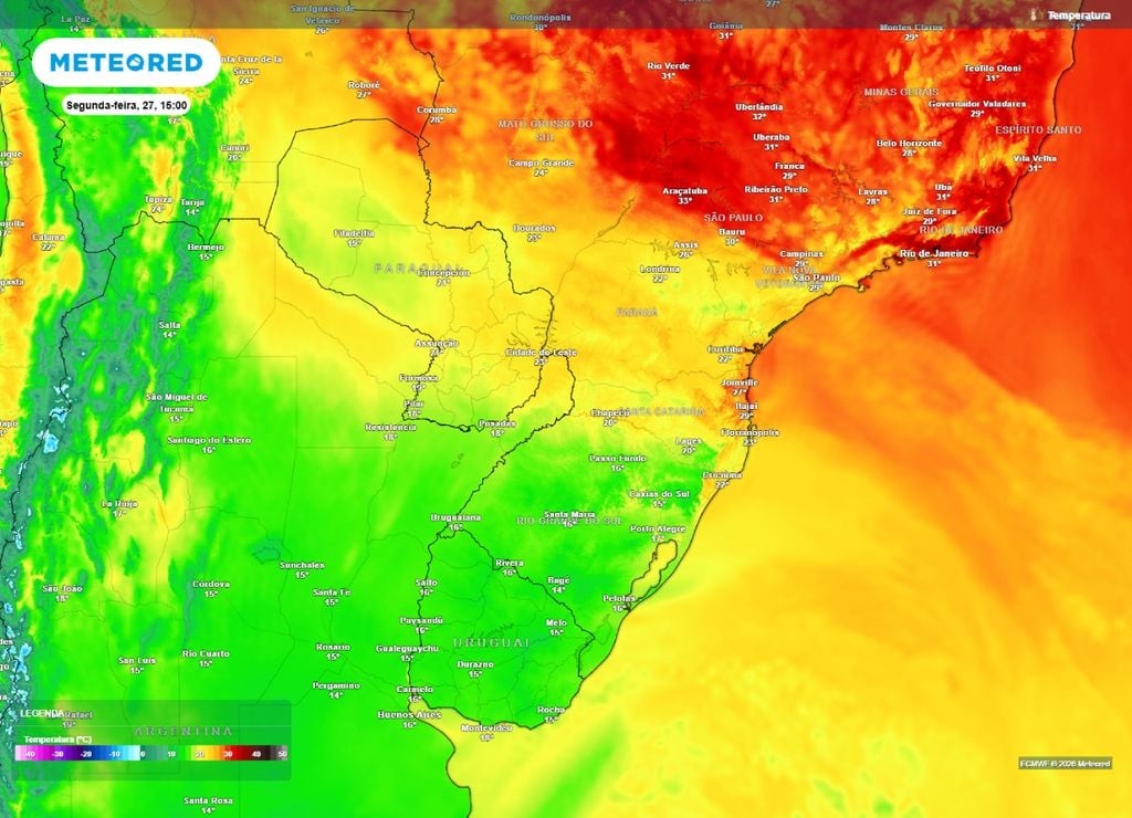 Temperaturas máximas previstas para a segunda-feira, 27 de abril.
