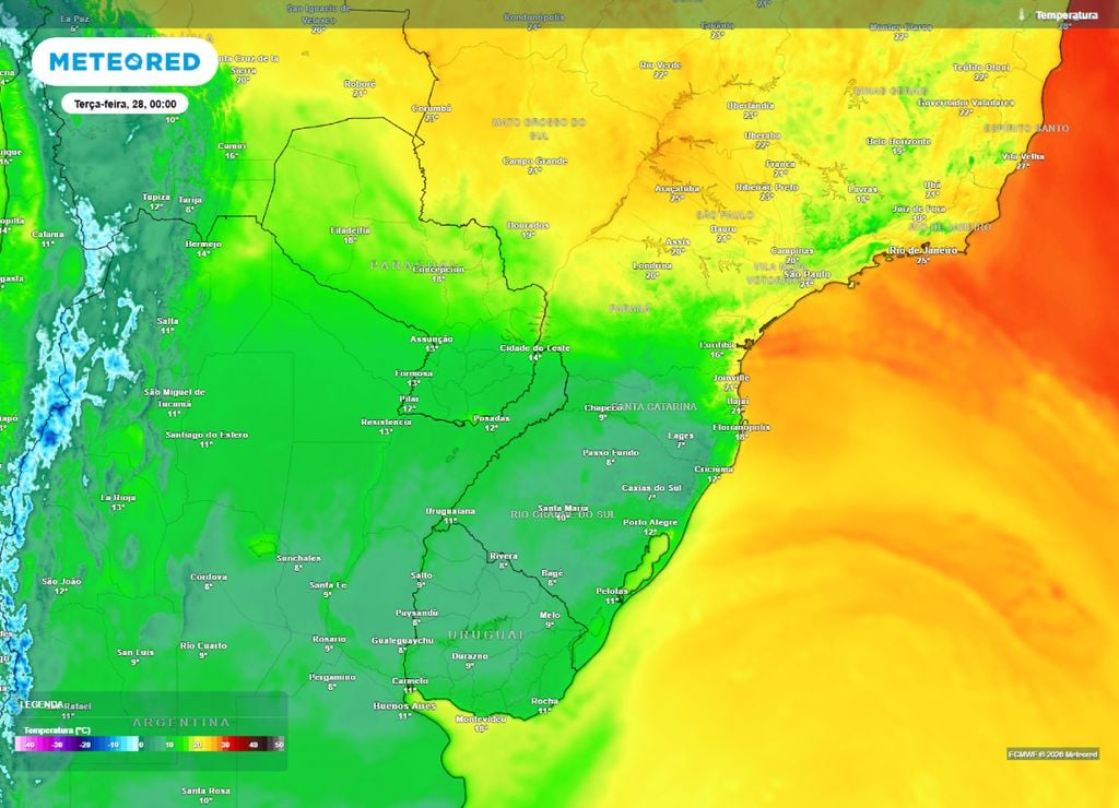 Temperaturas mínimas previstas para a segunda-feira, 27 de abril.
