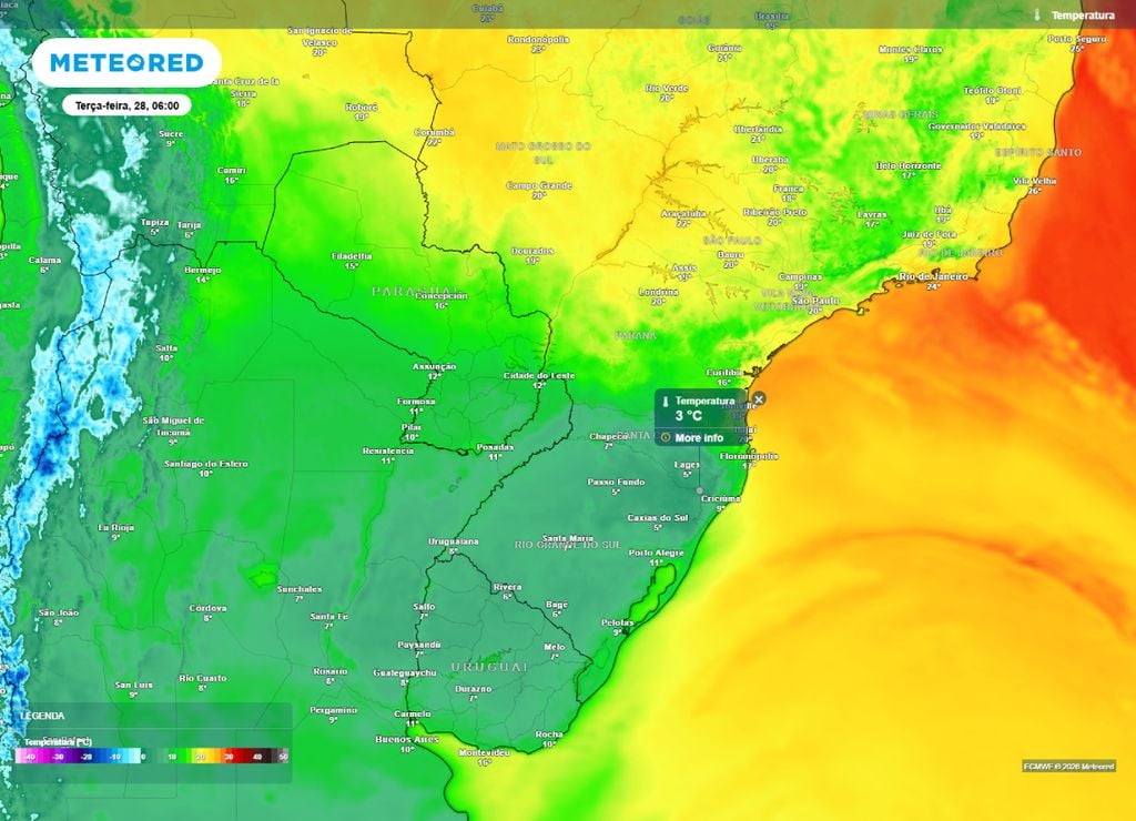 Temperaturas mínimas previstas para a terça-feira, 28 de abril.