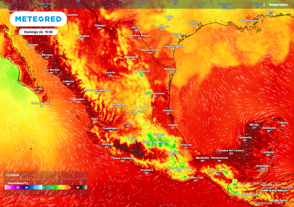 Pronóstico de temperaturas en grados Celsius Se sentirá calor, pero su intensidad será menor gracias a la nubosidad y lluvias pronosticadas. LO más caluroso seguirá en costas del Pacífico y sureste >35 °C.