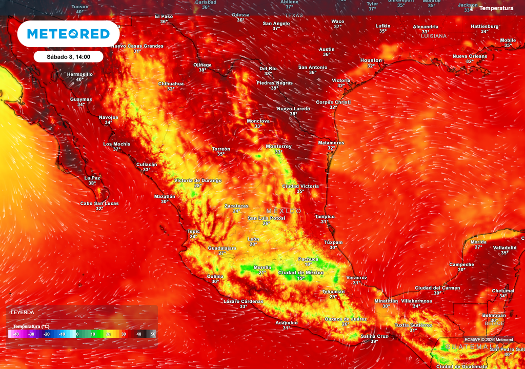 Pronóstico de temperaturas en grados Celsius Las lluvias ayudarán a refrescar el occidente, centro-sur y parte del sureste, persistiendo intenso calor en el norte y costas >35 °C.