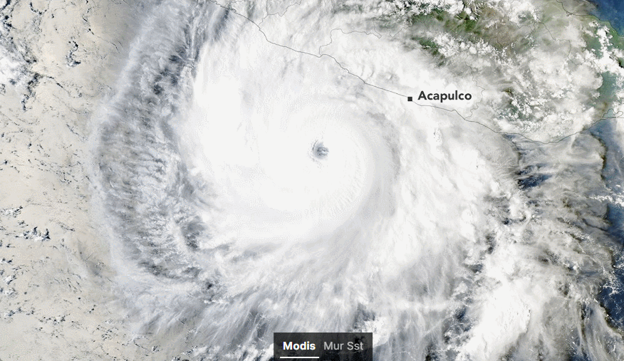 Tras intensificarse rápidamente, el huracán Polo se aleja de la costa del Pacífico mexicano el 23 de septiembre de 2026 (color natural), sobre aguas inusualmente cálidas (imagen realzada en colores). Imágenes de la NASA, tomadas por Michala Garrison, con datos del MODIS (Espectrorradiómetro de Imágenes de Resolución Moderada) del satélite Aqua de la NASA y del proyecto MUR SST (Temperatura Superficial del Mar de Ultra Alta Resolución Multiescala).