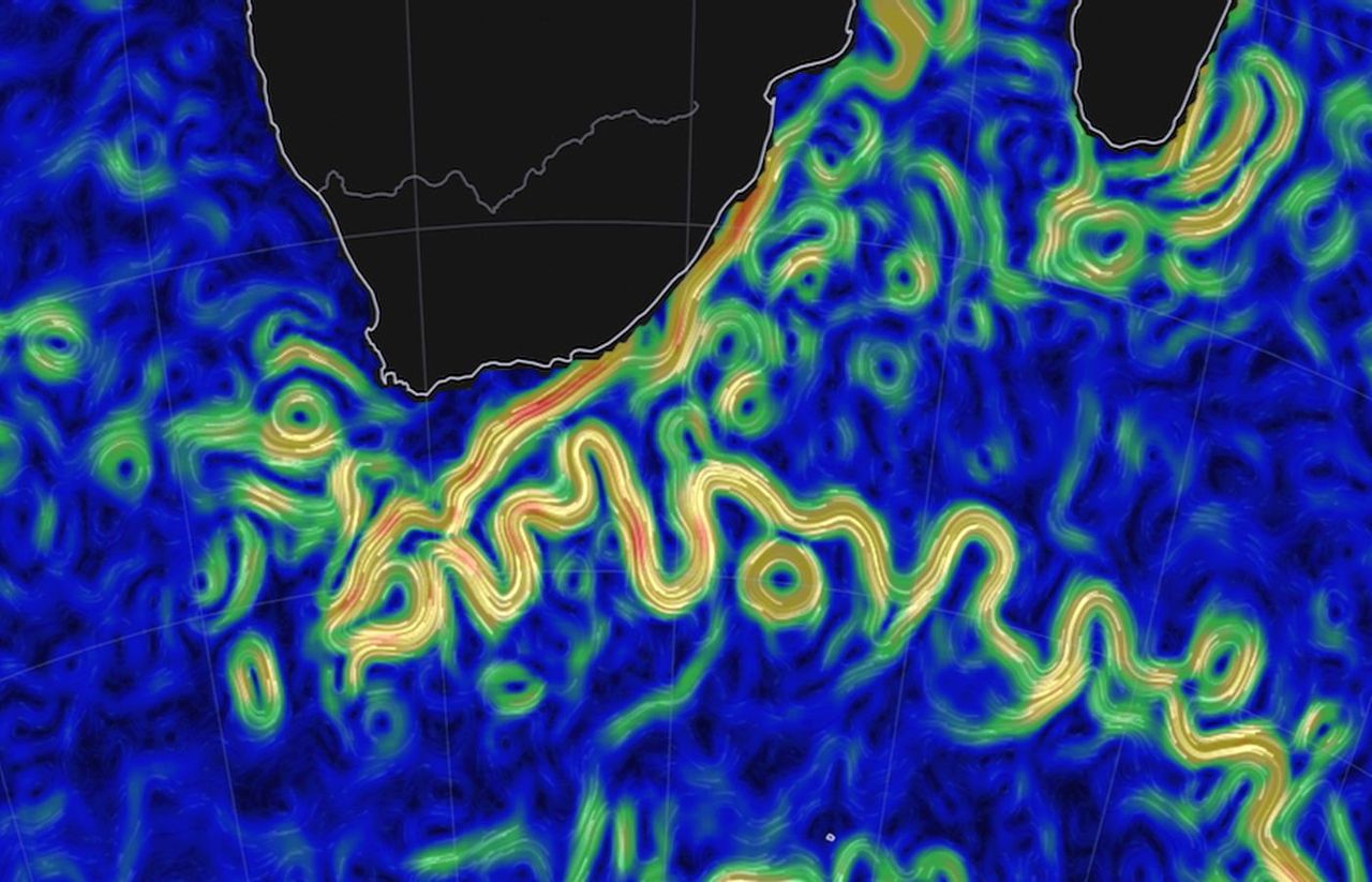 Corrientes oceánicas de Agulhas el 11 de febrero de 2018, obtenidas con OSCAR v2.0, distribuido por el JPL de la NASA, generado por Earth and Space Research y visualizado por earth.nullschool.net.