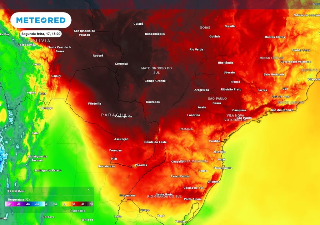 Previsão de temperaturas máximas na segunda-feira. Previsão de temperaturas máximas na segunda-feira mostra que os termômetros podem chegar a 45°C no Centro-Oeste, enquanto na região Sul as temperaturas ficam entre 30°C e 35°C.