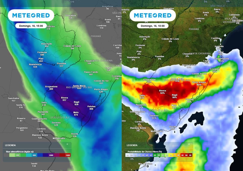 Previsão de Rios Atmosféricos (esquerda) e probabilidade de chuva (direita) no domingo. Previsão de Rios Atmosféricos (esquerda) e probabilidade de chuva (direita) no domingo mostram um fluxo grande de umidade em direção à região Sul, que será capaz de formar tempestades.