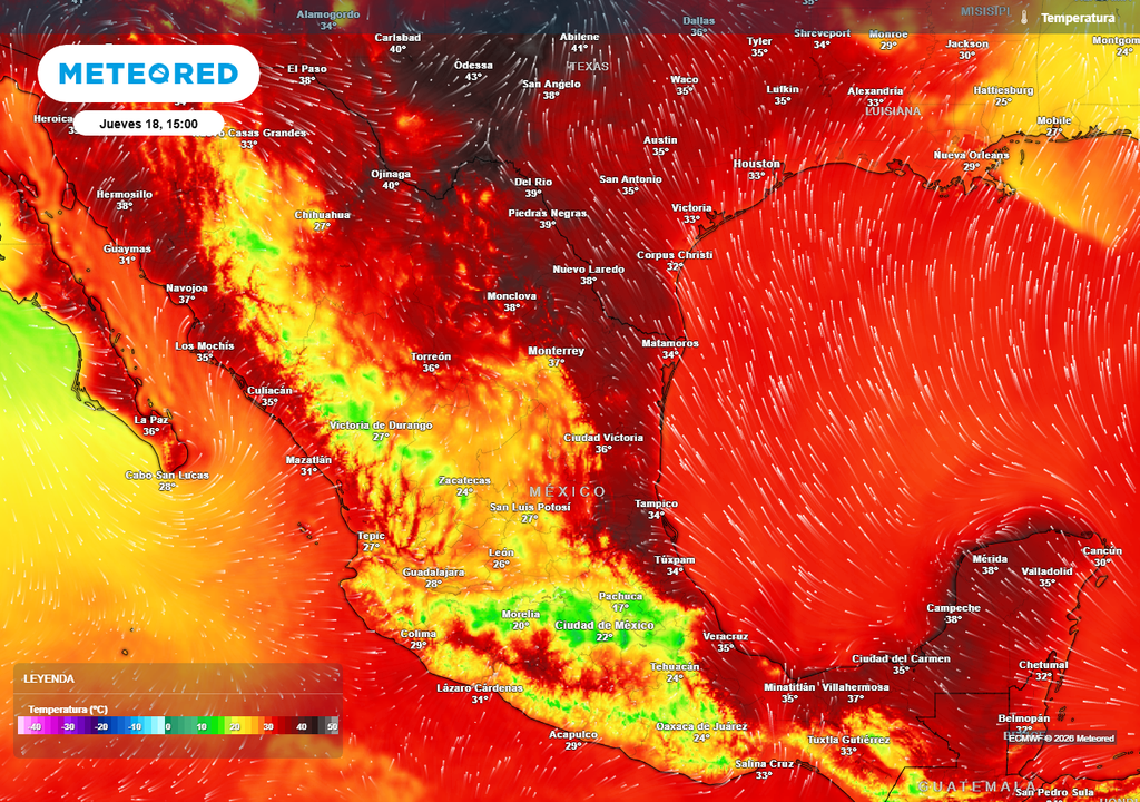 Temperaturas máximas en grados Celsius Estados del noreste, oriente y sureste tendrán intenso calor de miércoles a viernes con bochorno de 50-55 °C.