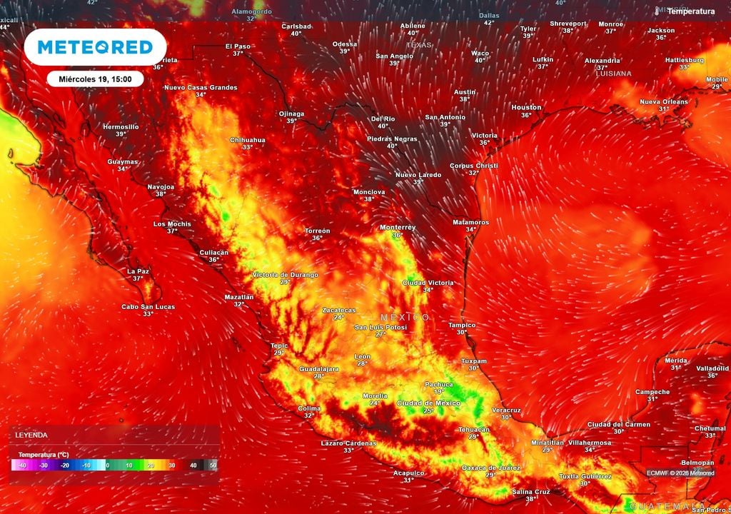 Pronóstico de temperaturas en grados Celsius Calor de verano persistirá esta tarde con 35-45 °C en todo el norte y estados de costa, mientras el Altiplano ronda los 25 °C en promedio, refrescándose con lluvias.