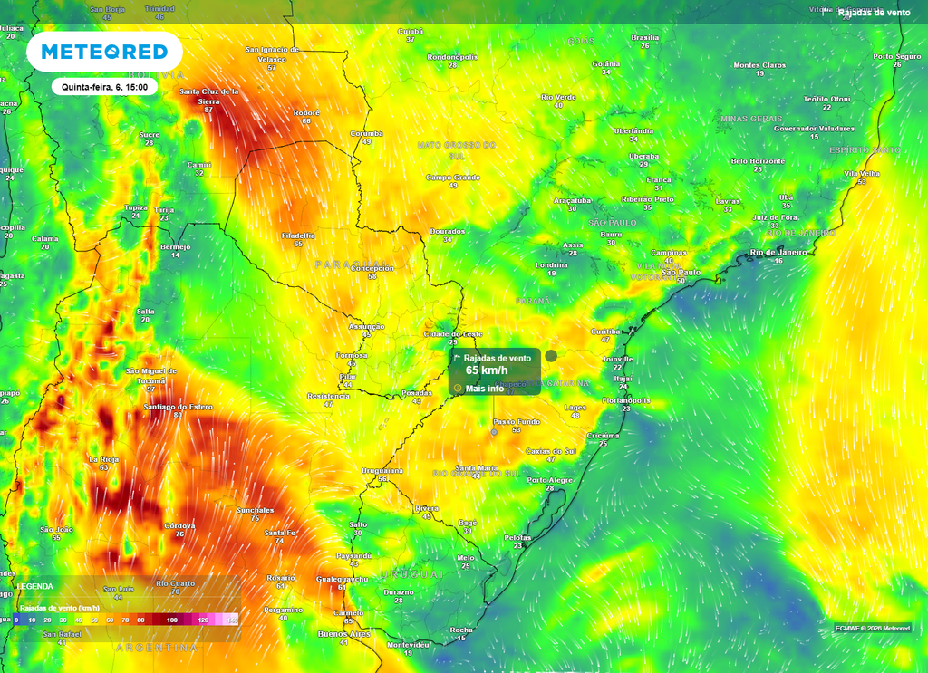 Rajadas de vento. Rajadas de vento previstas para a tarde de quinta (6). Modelo ECMWF mostra o aumento gradual da intensidade dos ventos.