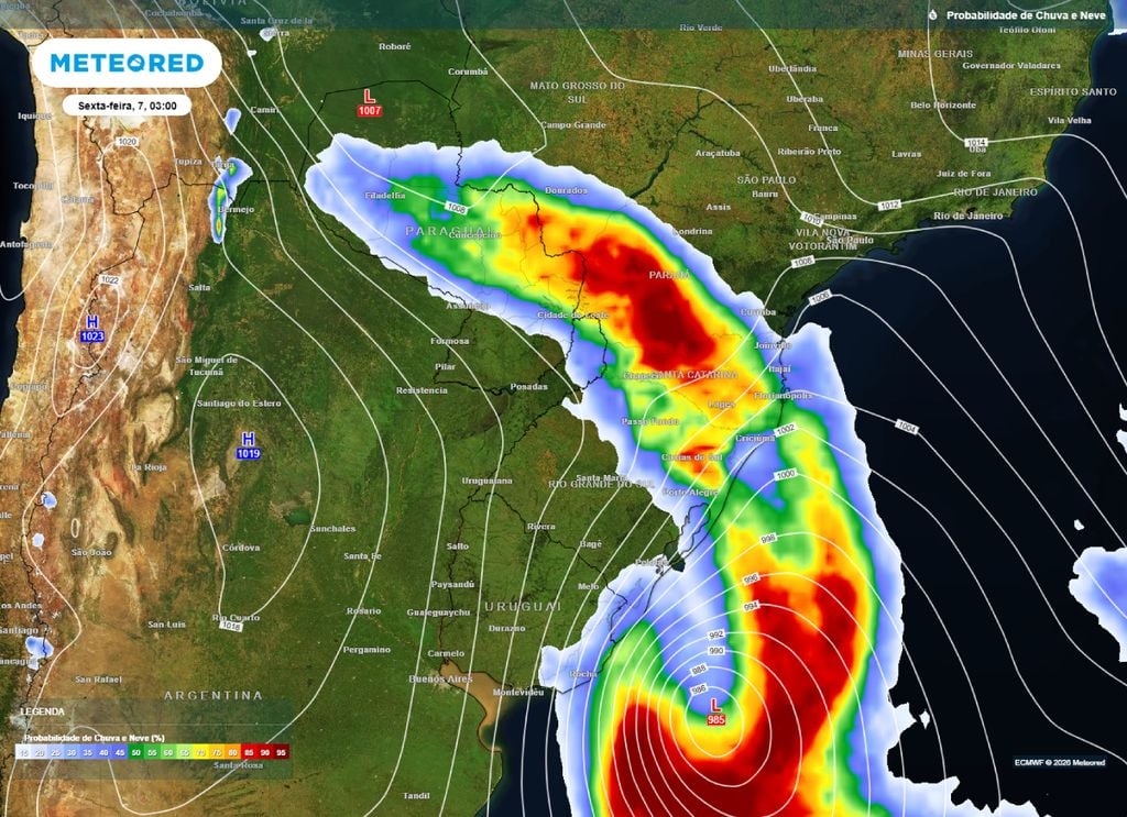 Probabilidade de chuva Mapa mostra a presença do ciclone e a possibilidade de chuvas sobre o Sul, Sudeste e Centro-Oeste do país.