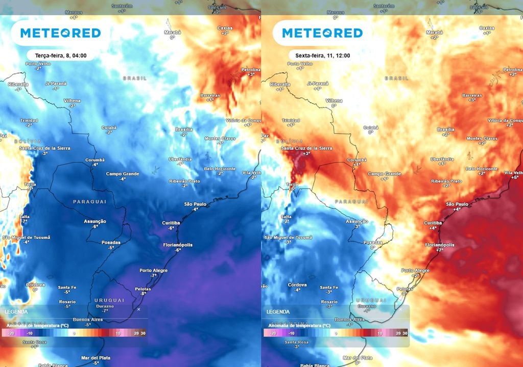 Previsão de anomalias de temperatura em 850 hPa nesta terça-feira (esquerda) e na sexta-feira (direita). Previsão de anomalias de temperatura em 850 hPa nesta terça-feira (esquerda) e na sexta-feira (direita) mostra o ar frio deixando o país e dando lugar a uma massa de ar quente.