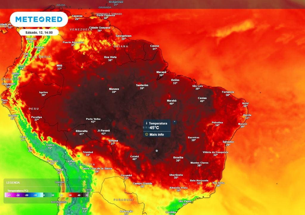 Previsão de temperaturas máximas no sábado (12). Previsão de temperaturas máximas no sábado (12) mostra que boa parte do centro-norte do Brasil registrará temperaturas altíssimas que podem ultrapassar os 40°C durante a tarde.
