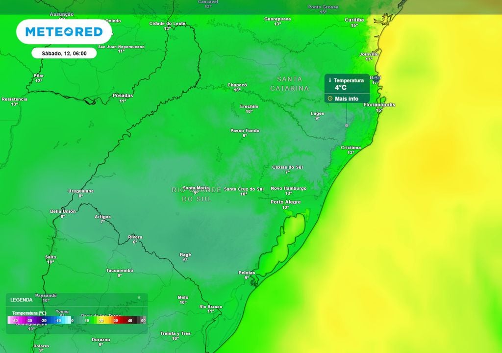Previsão de temperaturas mínimas no Sábado. Previsão de temperaturas mínimas no Sábado mostra valores de até 4°C na região serrana de SC e RS. Corrigindo desvios inerentes ao modelo de previsão, os valores chegam a 0°C.