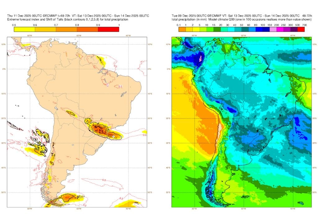 Previsão de Extreme Weather Index (EFI) do modelo ECMWF para sábado. Previsão de Extreme Weather Index (EFI) do modelo ECMWF para sábado.