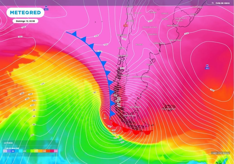 altura de la cota de nieve prevista por el modelo del ECMWF