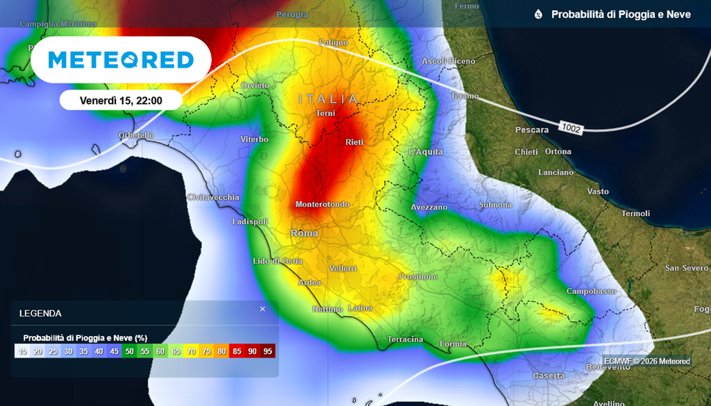 Probabilità di piogge nella notte tra venerdì e sabato nell'area del Lazio e Roma.