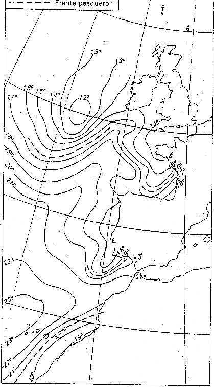 Interpretacion De Los Mapas Meteorológicos Para Su Utilizacion En La Pesca Figura 5Isotermas del agua marina superficial del DIA 20 de Julio de 1980 a las 06,00 T.M.G.Las líneas a trazos indican frentes pesqueros es decir son zonas donde se concentran las especies marinas atraídas por los fuertes contrastes de temperatura del agua.