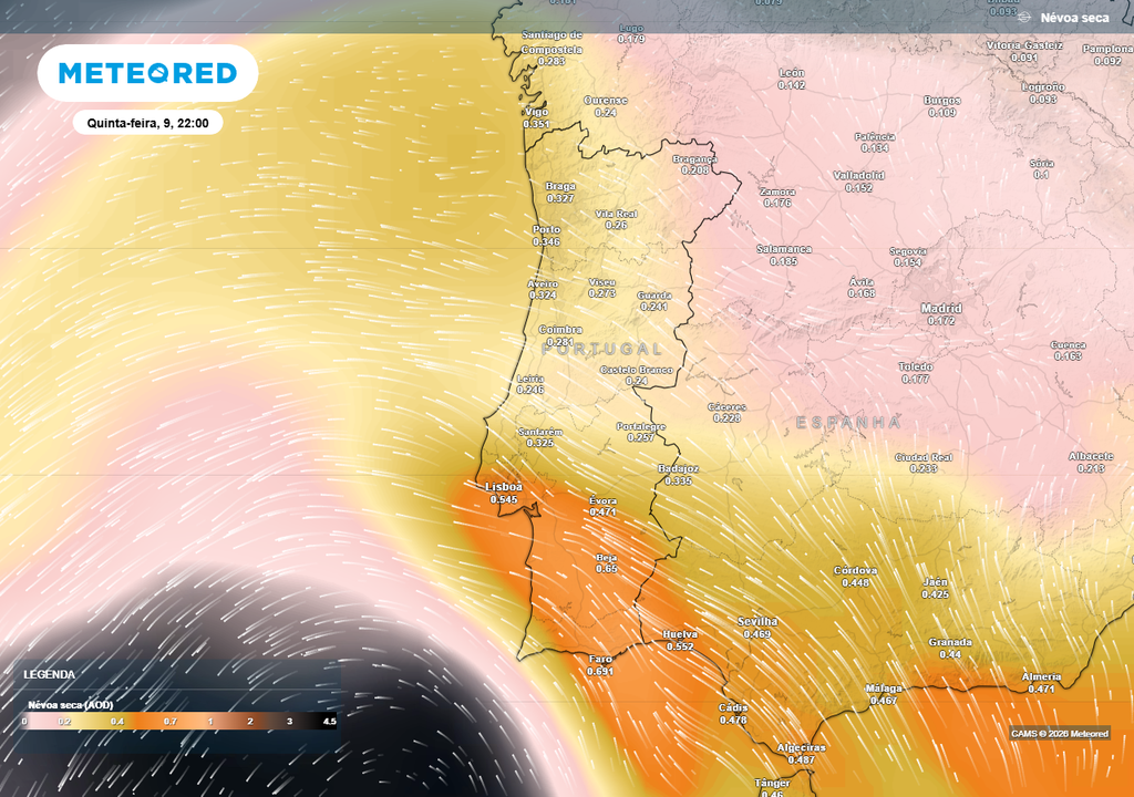 As poeiras em suspensão podem vir a registar um temporário pico de concentração mais elevado nas últimas horas de quinta-feira (9), especialmente a sul do Tejo.