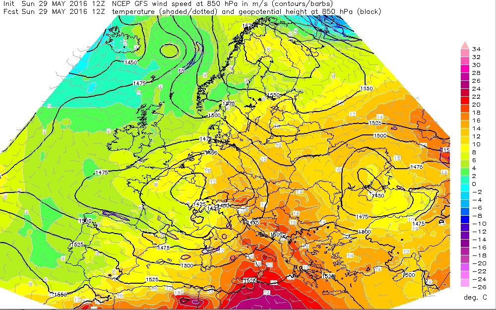 Mapas de 500, arriba, y 850, abajo, hPa a las 12 UTC del 29 de mayo.