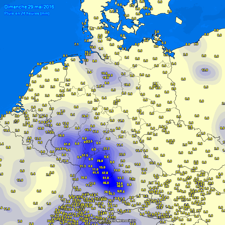 Distribución espacial de la precipitación en 24h según Meteociel.