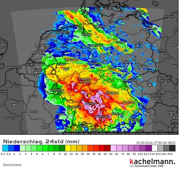 Estimación de la precipitación por radar en 24 h del día 29 de mayo, según kachelmann. Zonas con 80-100 mm en 24 h pero en un periodo corto de tiempo (torrenciales)