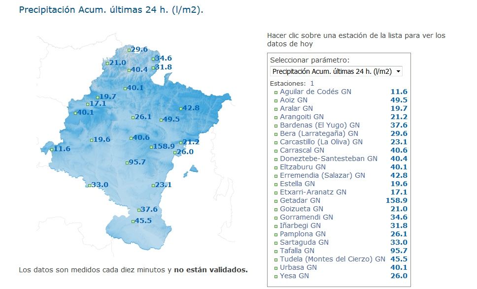 Mapa de precipitaciones en 24 h, según el Gobierno de Navarra. Datos provisionales Mapa de precipitaciones en 24 h, según el Gobierno de Navarra. Datos provisionales