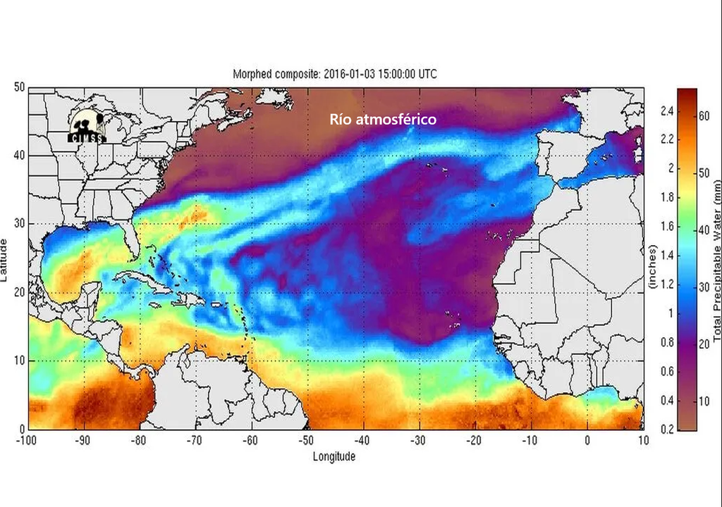 Imagen de archivo con un río atmosférico afectando a la península ibérica mediante el producto de agua precipitable. Universidad de Wisconsin