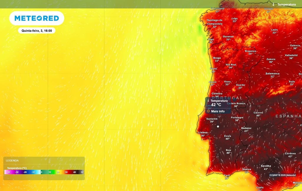 Prevê-se que os termómetros possam alcançar os 42 ºC nalguns locais do país (Ribatejo e interior alentejano) na próxima quinta-feira, 3 de setembro. Tudo indica que este será o dia mais quente da presente semana em termos de intensidade e área geográfica abrangida em Portugal continental.