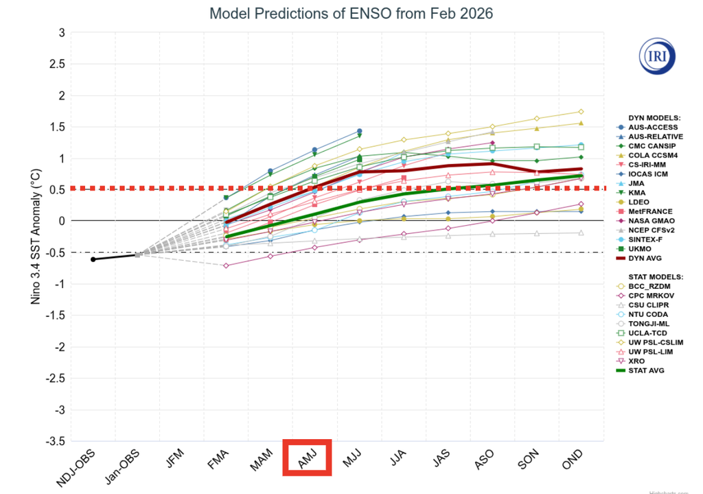 Pluma de previsões de modelos do ENSO, destacando por uma linha pontilhada vermelha o limiar de El Niño e com um retângulo vermelho o trimestre onde o ensemble dos modelos dinâmicos ultrapassa este limiar. Créditos: Adaptado de IRI.