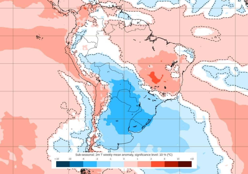 Previsão de anomalia de temperatura entre os dias 18 e 25 de Maio (modelo ECMWF) mostra que o frio será prolongado ao longo da segunda quinzena do mês, afetando grande parte do Brasil.