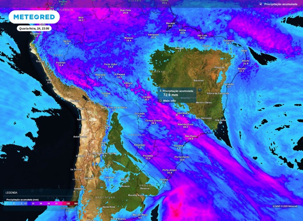Precipitação acumulada. Precipitação acumualda prevista até o final da quarta-feira (24) mostra volumes superiores a 70 mm em áreas do Centro-Oeste e Sudeste do Brasil.