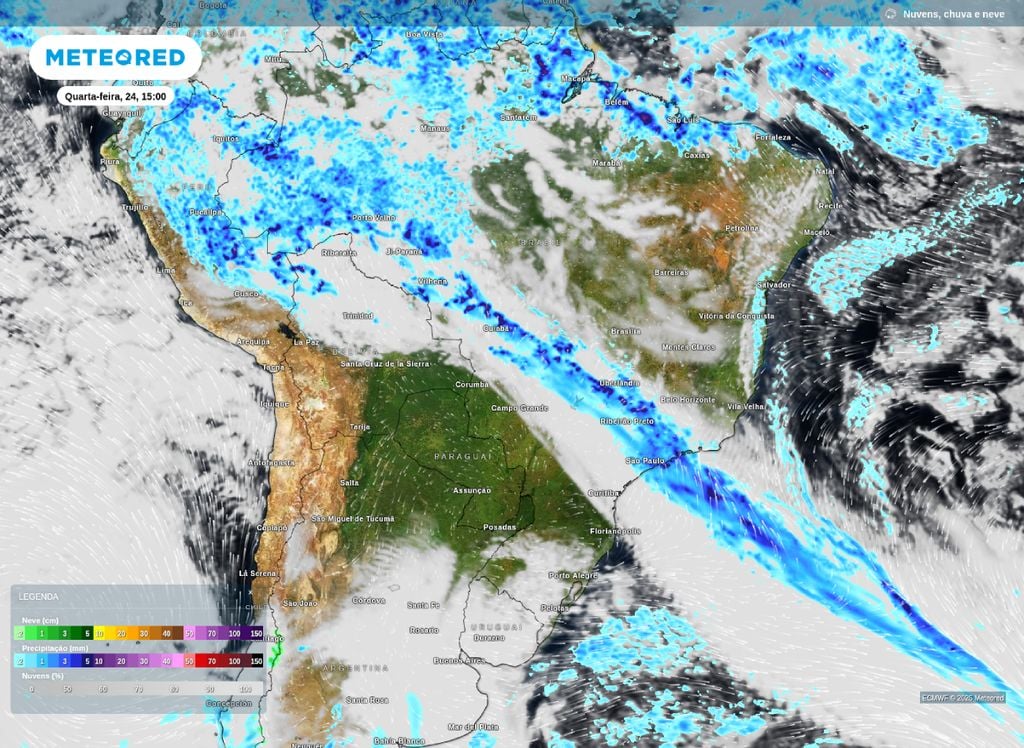 Mapa de precipitação. Chuva e nebulosidade prevista para a quarta-feira (24). A previsão indica chuvas em áreas de SP, MS, MG, GO e MT. Além de outras áreas do país.