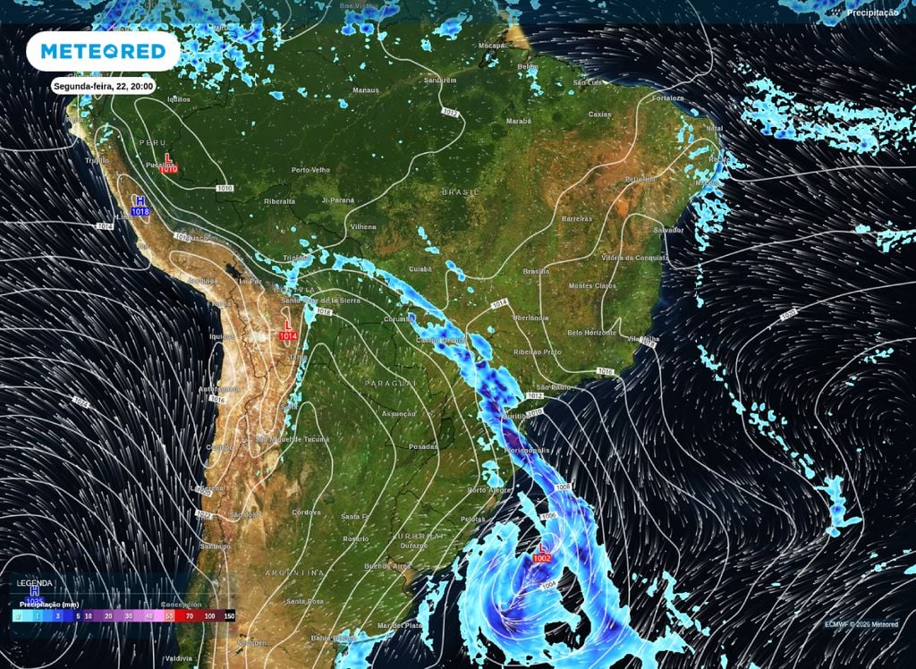 Precipitação. Mapa de chuva e pressão a nível médio do mar mostrando áreas afetadas pelas chuvas e a localização do centro de baixa pressão.