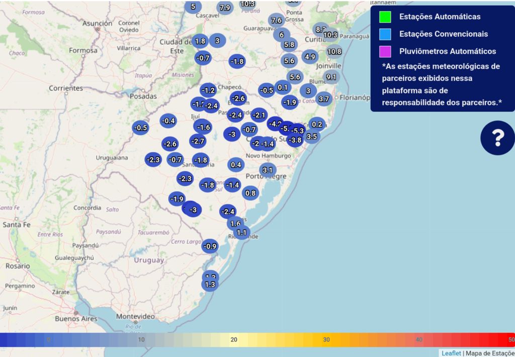 Temperaturas mínimas registradas oficialmente na terça-feira (1°) mostram quase todo o território gaúcho abaixo de zero. Créditos: INMET. Temperaturas mínimas registradas oficialmente na terça-feira (1°) mostram quase todo o território gaúcho abaixo de zero. Créditos: INMET.