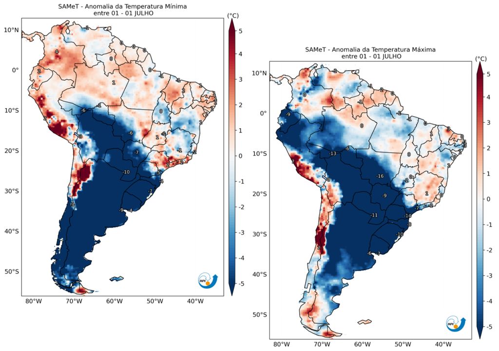 Anomalias de temperatura mínima (esquerda) e máxima (direita) na terça-feira (1°). Créditos: CPTEC/INPE. Anomalias de temperatura mínima (esquerda) e máxima (direita) na terça-feira (1°). Créditos: CPTEC/INPE.