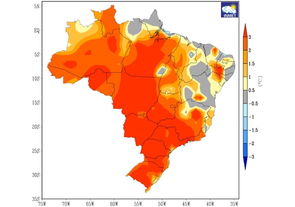 Mapa de anomalias de temperatura registradas pelo INMET em Setembro de 2024. Mapa de anomalias de temperatura registradas pelo INMET em Setembro de 2024.