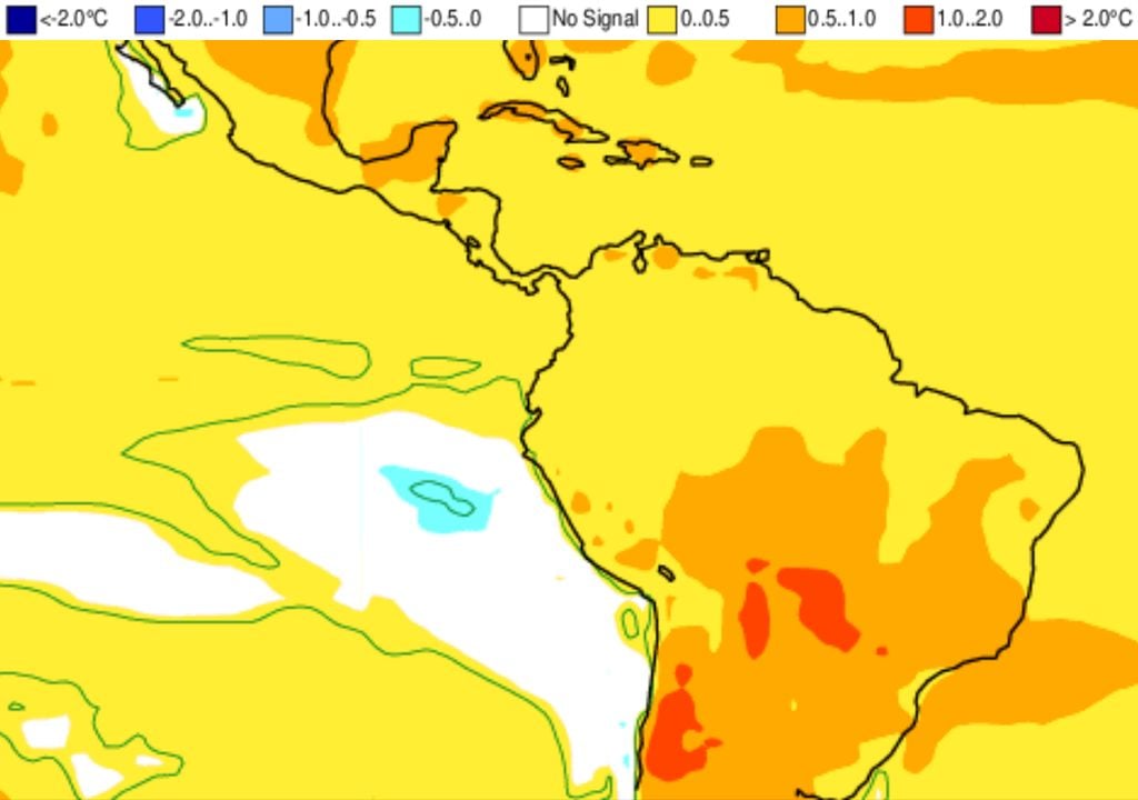 Previsão de anomalia de temperaturas do modelo ECMWF para Junho-Julho-Agosto de 2025. Previsão de anomalia de temperaturas do modelo ECMWF para Junho-Julho-Agosto de 2025.