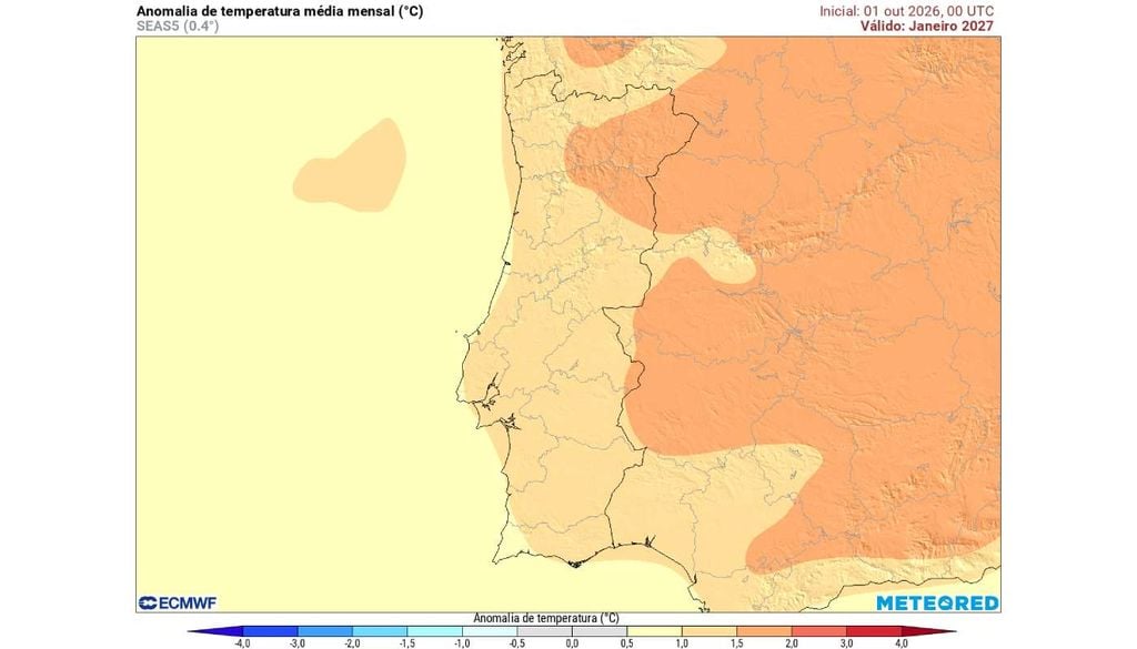 Janeiro mantém o sinal mais quente, que poderá intensificar-se no interior Norte e Centro, onde algumas regiões apresentam anomalias entre +1,5 e +2 ºC.