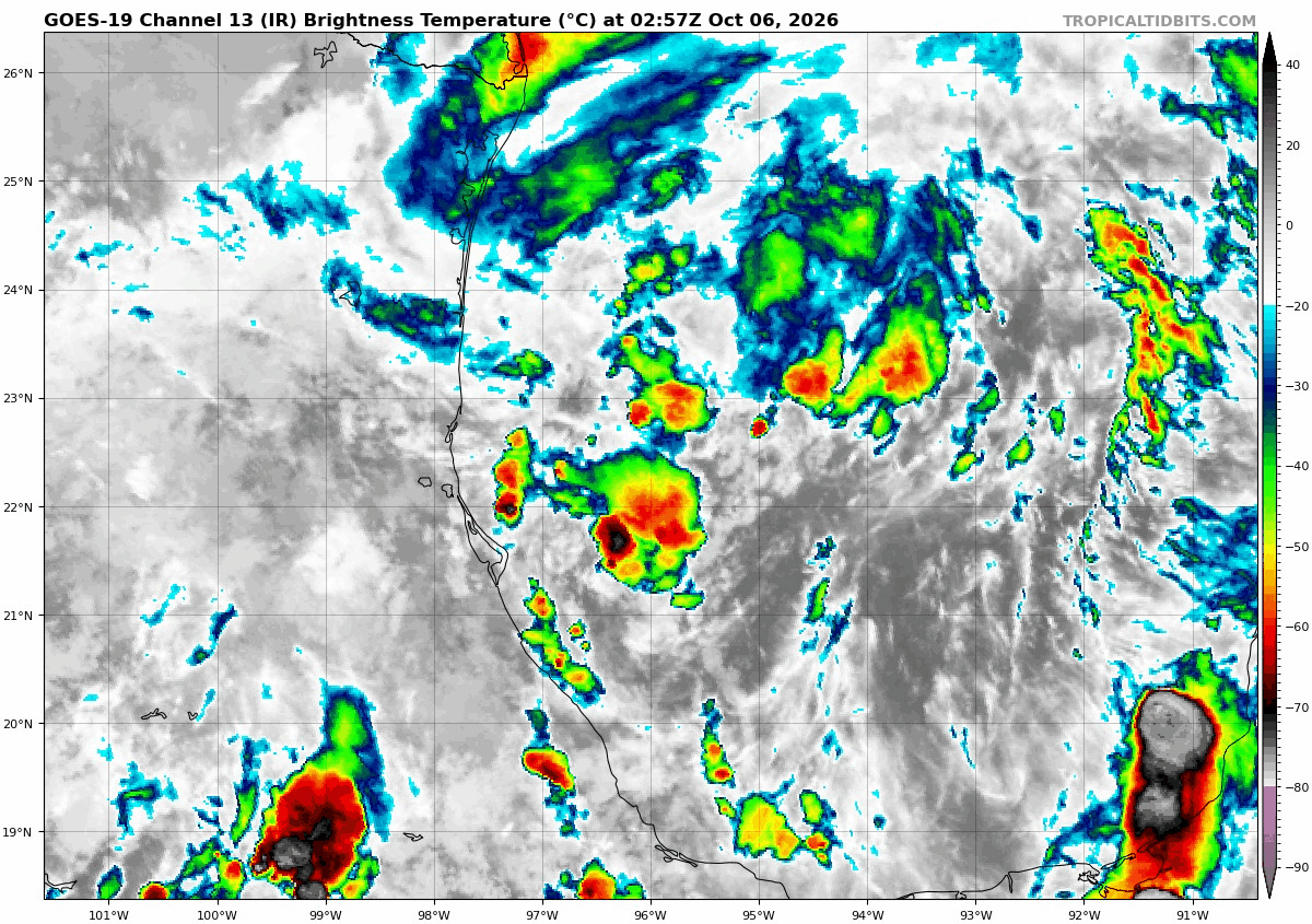 Imagen infrarroja realzada con la zona del Invest 92L para el 6 de octubre de 2026. Tropical Tidbits