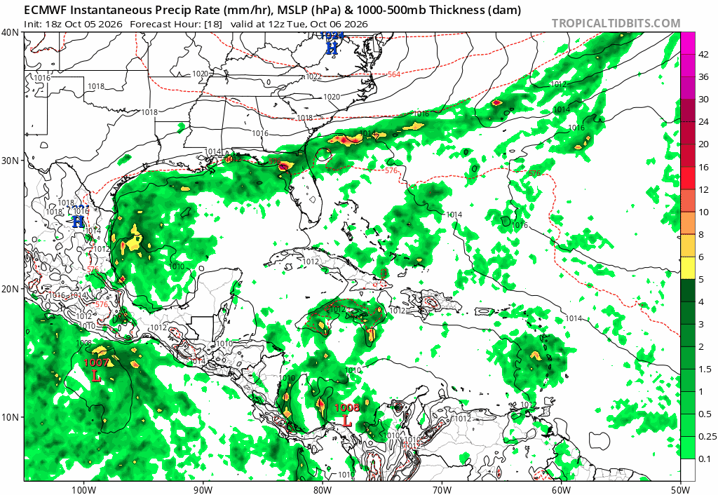 Presión en superficie y precipitaciones previstas entre el 6 y 11 de octubre de 2026, según modelo ECMWF. Tropical Tidbits