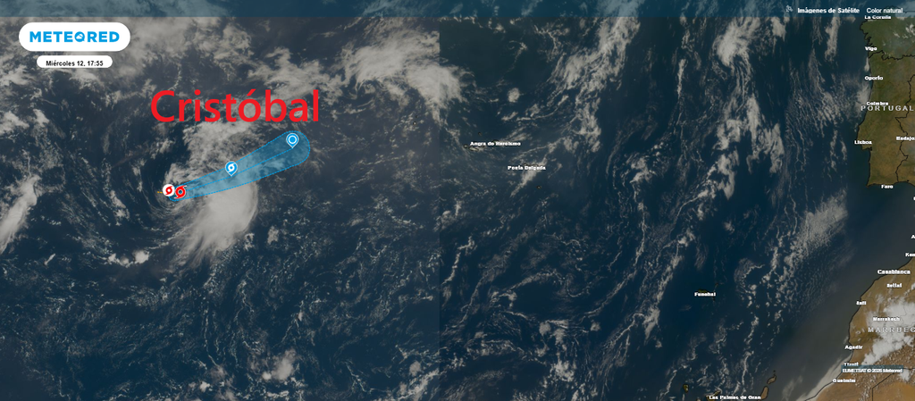 Imagen de satélite sobre la tormenta tropical Cristóbal a fecha de 12 de agosto 2026. Tiempo.com
