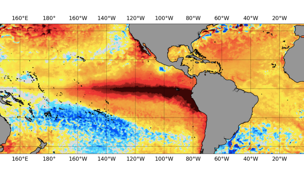 anomalía temperatura Anomalía de la temperatura en superficie oceánica del 25 de octubre. Imagen: NOAA Coral Reef Watch.