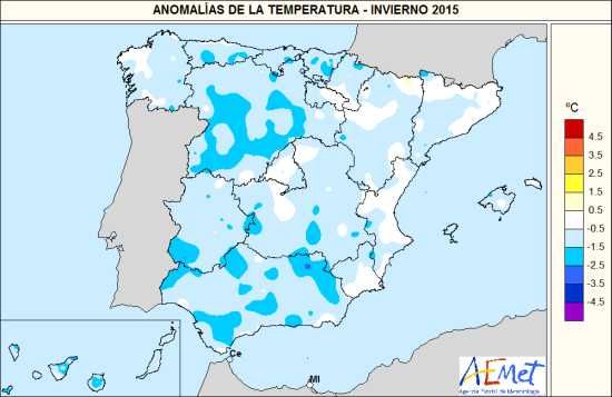 Invierno 2014-2015: Frío Y Con Un Reparto Muy Desigual De Precipitaciones Anomalías de temperatura invierno 2014-2015