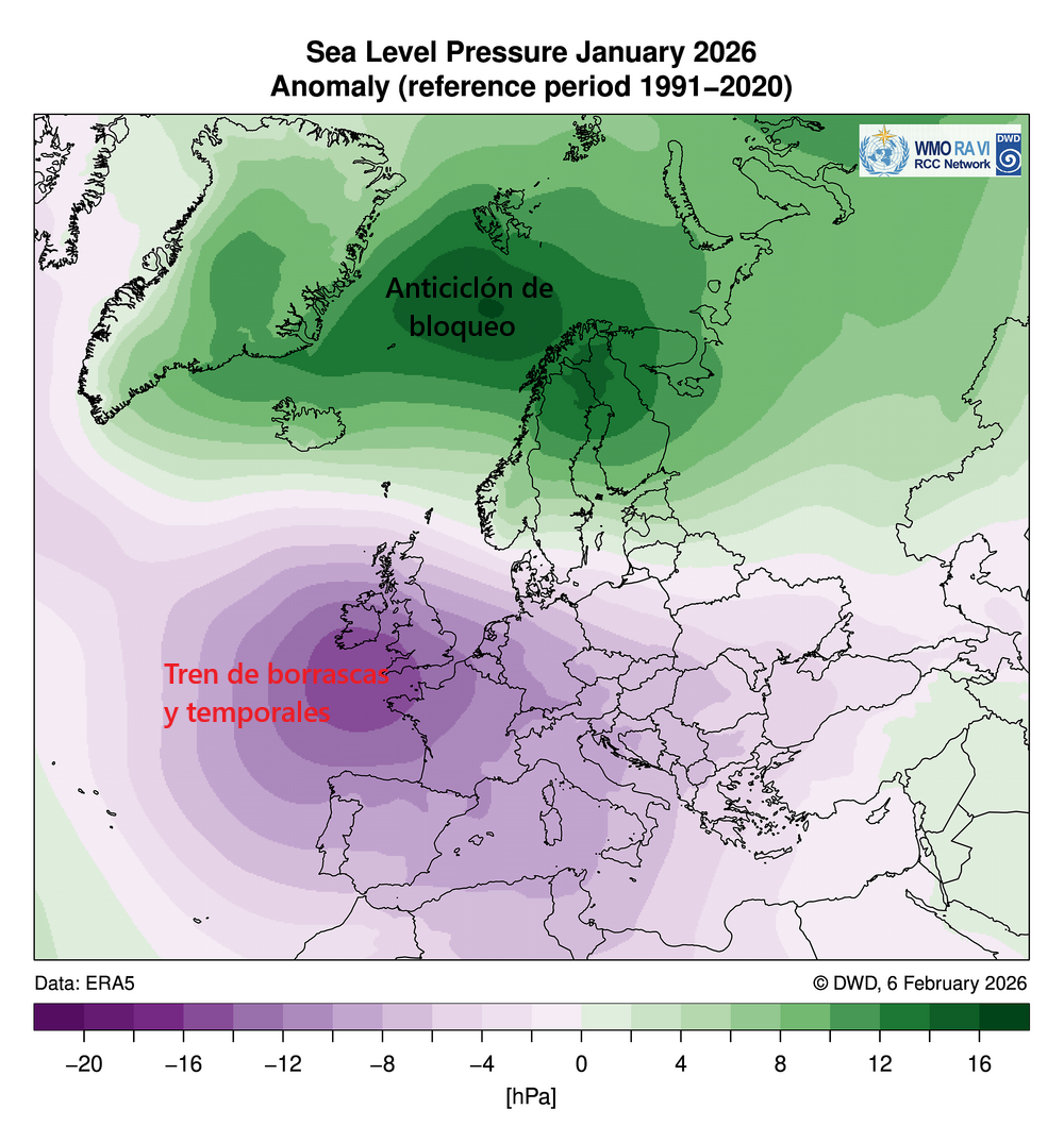 Anomalías de presión durante el mes de enero de 2026 con el anticiclón de bloqueo en el norte y un pasillo de bajas presiones con la llegada de trenes de borrascas situadas más al sur de lo normal. Fuente : DWD