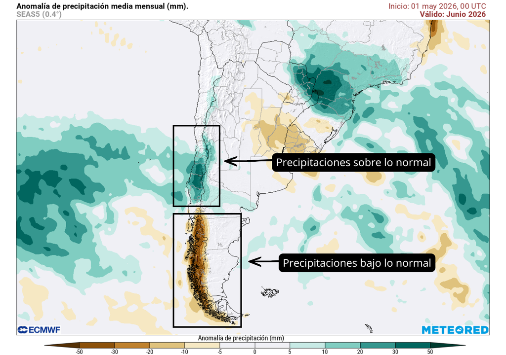 El Niño llegaría con abundantes lluvias a Chile durante el invierno y la primavera Anomalía de precipitación (mm) para junio 2026.